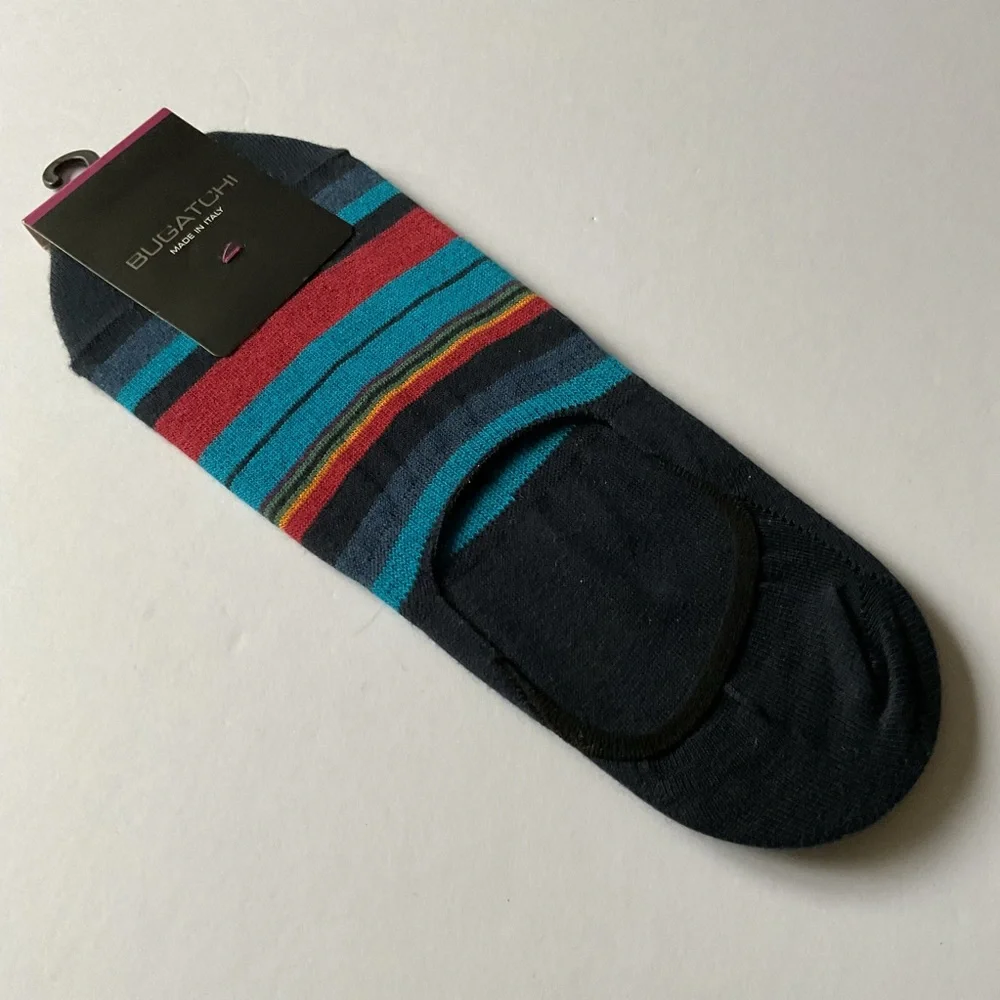 BUGATCHI MENS COTTON LINER SOCKS  BLUE MULTI-COLOR STRIPE OS NWT